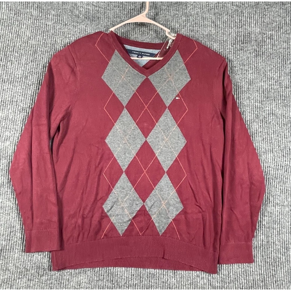 Tommy Hilfiger Sweater Mens Extra Large Red Cotton Argyle Diamond Golf Preppy